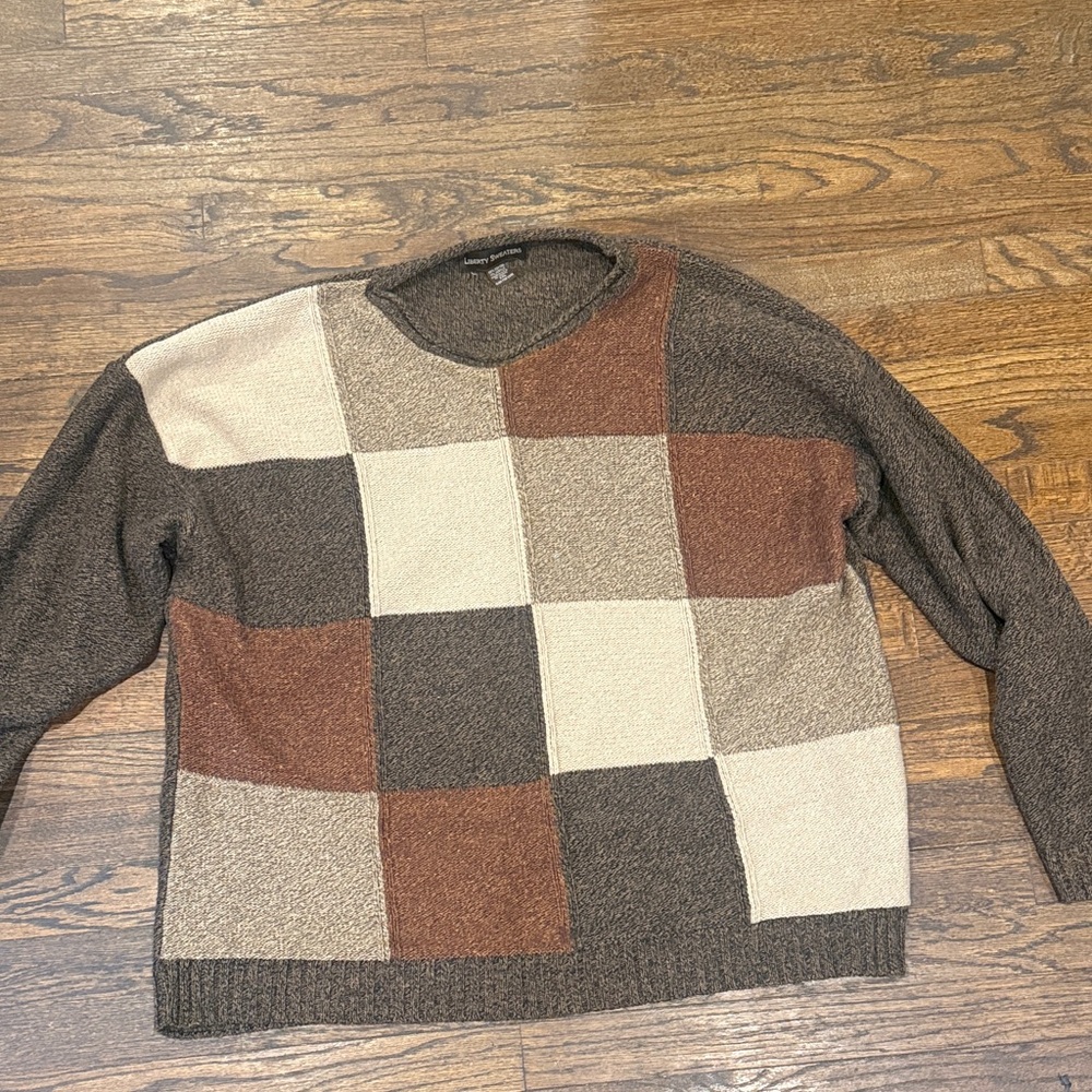 Men's Patchwork Sweater - Brown, Cream, and Gray